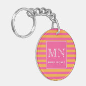 Hot Pink en Oranje gestreept monogram Sleutelhanger (Voorkant Links)