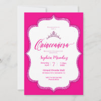 Hot Pink en white Quinceanera Invitation