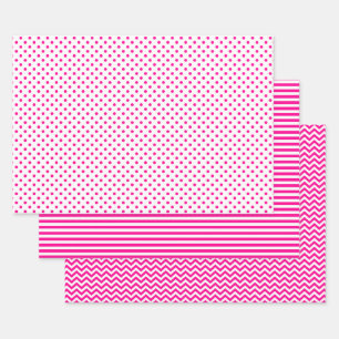 Hot Pink en White Stripes Chevron Polka Dots Inpakpapier Vel