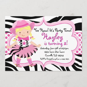 Hot Pink en Zebra Print Cowgirl Birthday Party Kaart