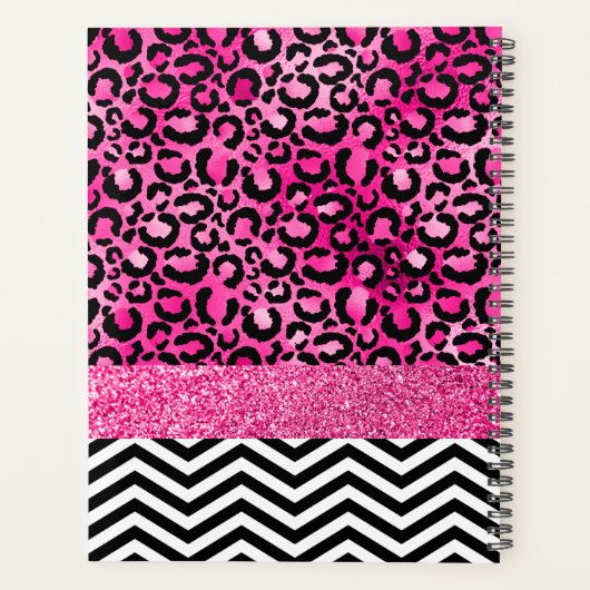 Hot Pink Faux Glitter Leopard Print Monogram Planner (Achterkant)