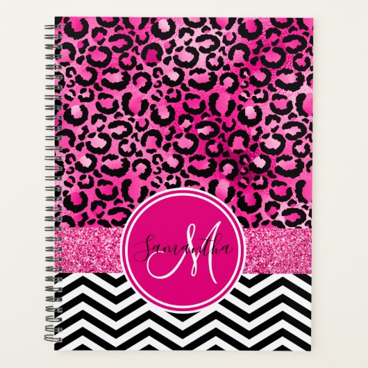 Hot Pink Faux Glitter Leopard Print Monogram Planner (Voorkant)