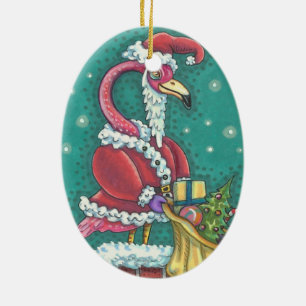 HOT PINK FLAMINGO SANTA, CHRISTMAS ORNAMENT Oval