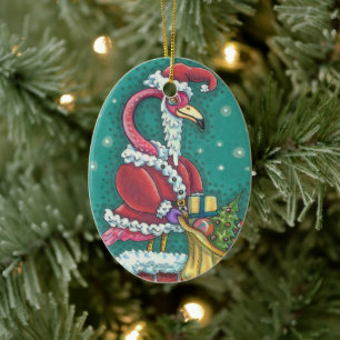 HOT PINK FLAMINGO SANTA, CUTE CHRISTMAS BIRD 2019 KERAMISCH ORNAMENT