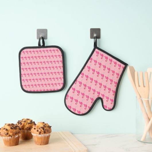 Hot Pink Flamingo Tropical Island Flamingoenen Ovenwant & Pannenlap Set (Insitu(Ophanging))