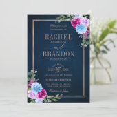 Hot Pink Floral Bronz Navy Blue Rustic Wedding Kaart (Staand voorkant)