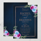 Hot Pink Floral Bronz Navy Blue Rustic Wedding Kaart (Voorkant / Achterkant)