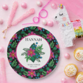  Hot Pink Floral op zwart Papieren Bordje (Feest)