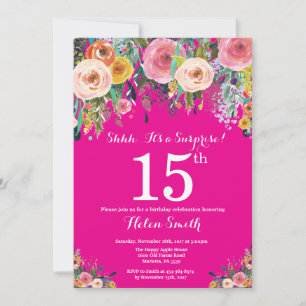 Hot Pink Floral Surprise 15th Birthday Invitation Kaart
