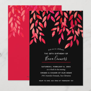 Hot Pink Foliage Black Birthday-uitnodigingen