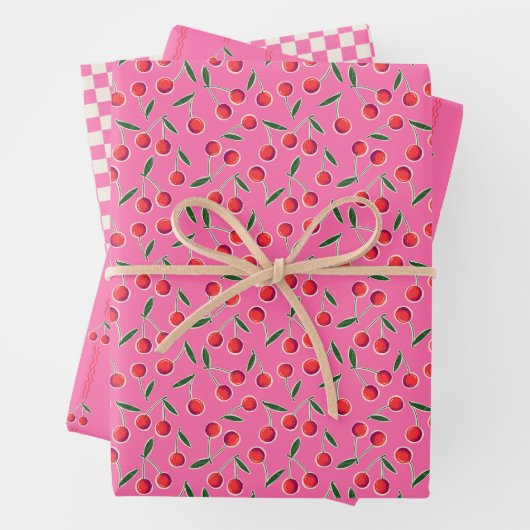 Hot Pink Funky Retro Berry Cherry en Checkers Inpakpapier Vel (In situ)
