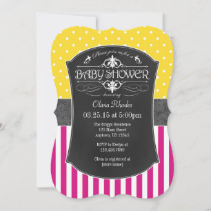 Hot Pink Geel Gray Chalkboard Stripe Baby shower Kaart