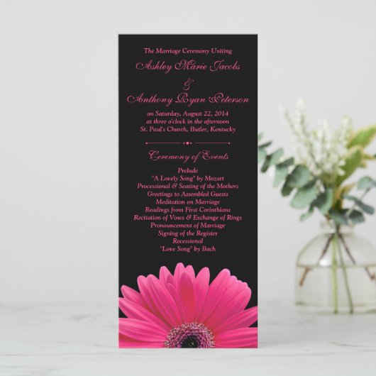 Hot Pink Gerbera Daisy Black Wedding Programma (Staand voorkant)