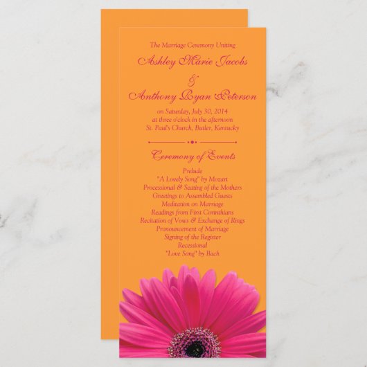 Hot Pink Gerbera Daisy Sinaasappel huwelijksprogra Programma (Voorkant / Achterkant)