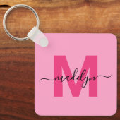 Hot Pink Girly Script Naam Monogram Sleutelhanger (Voorkant)