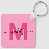 Hot Pink Girly Script Naam Monogram Sleutelhanger (Achterkant)