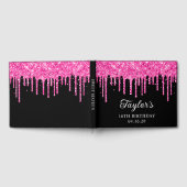 Hot Pink Glitter Drips Zwart 16e Verjaardag Gastenboek (Volledig)