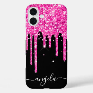 Hot Pink Glitter Drips Zwart Glam Signature iPhone 16 Plus Hoesje