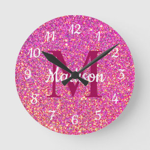 Hot Pink Glitter Girly Glam Monogram Naam Ronde Klok