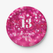 Hot Pink Glitter Glam gepersonaliseerd 13e verjaar Papieren Bordje (Voorkant)