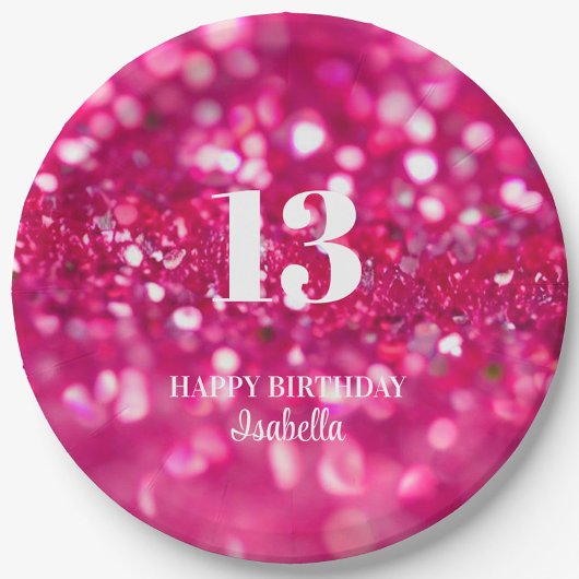 Hot Pink Glitter Glam gepersonaliseerd 13e verjaar Papieren Bordje