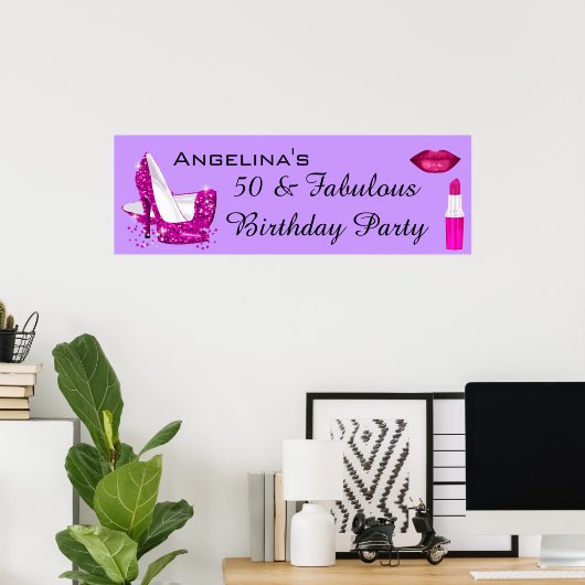 Hot Pink Glitter High Heels Paarse Birthday Banner Poster (Thuiskantoor)