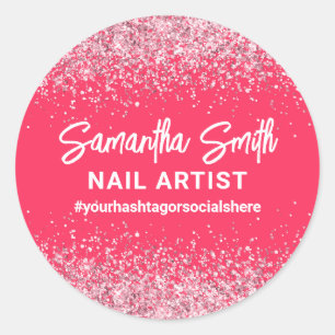 Hot Pink Glitter Nail Artiest Beauty Salon Hashtag Ronde Sticker