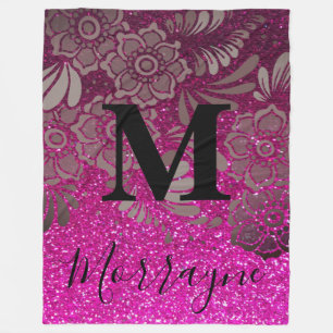 Hot Pink Glitter Ombre Boho Chic Floral Monogram Fleece Deken