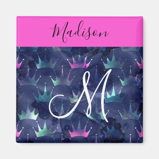 Hot Pink Glitter Sparkles Mermaid Crowns Monogram Magneet (Voorkant)