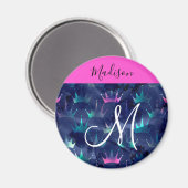 Hot Pink Glitter Sparkles Mermaid Crowns Monogram Magneet (Voorkant / Achterkant)