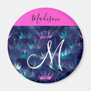 Hot Pink Glitter Sparkles Mermaid Crowns Monogram Magneet