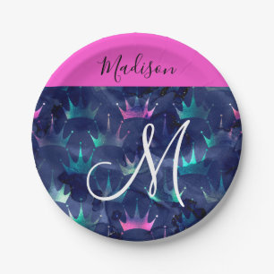 Hot Pink Glitter Sparkles Mermaid Crowns Monogram Papieren Bordje