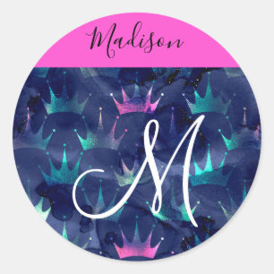 Hot Pink Glitter Sparkles Mermaid Crowns Monogram Ronde Sticker