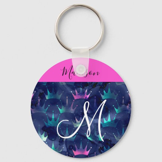 Hot Pink Glitter Sparkles Mermaid Crowns Monogram Sleutelhanger (Voorkant)