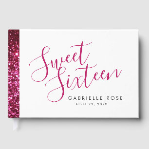 Hot Pink Glitter Stripe Modern Sweet 16 Gastenboek