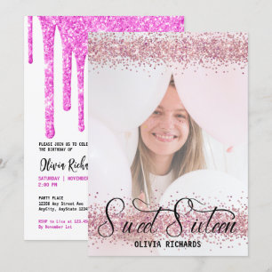 Hot Pink Glitter Sweet Sixteen Kaart