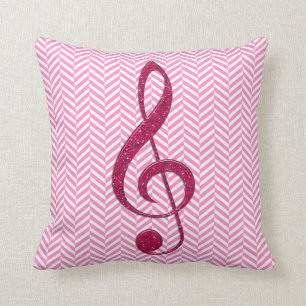 Hot Pink Glitter Treble Clef op Roze Chevron Kussen