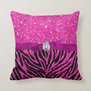 Hot Pink Glitter Zebra Pattern Rabibon Diamond Cut Kussen