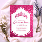 Hot Pink Glittery Crown Miss Quince Quinceanera Kaart
