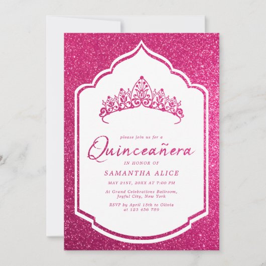 Hot Pink Glittery Crown Miss Quince Quinceanera Kaart (Voorkant)