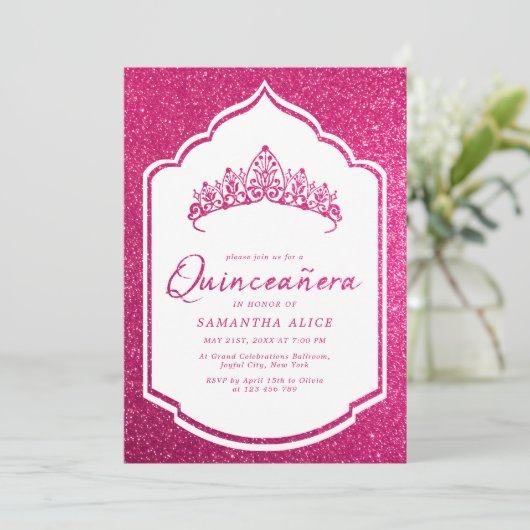 Hot Pink Glittery Crown Miss Quince Quinceanera Kaart (Staand voorkant)