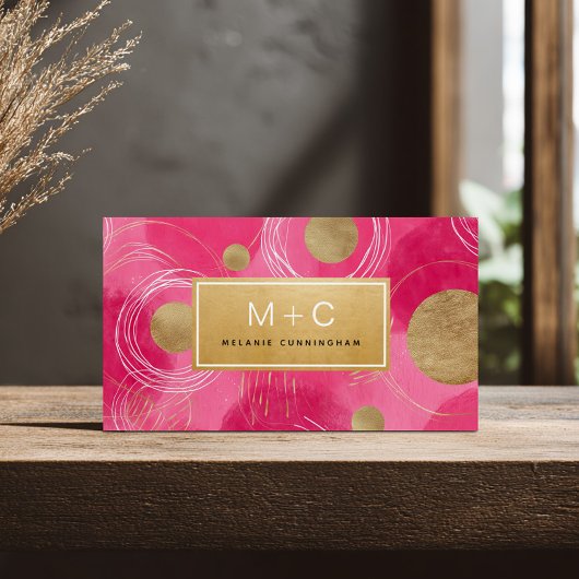 Hot Pink Gold Abstract Monogram Business Cards