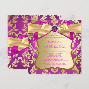 Hot Pink Gold Damask Bow Birthday Party nodigt 2 u Kaart