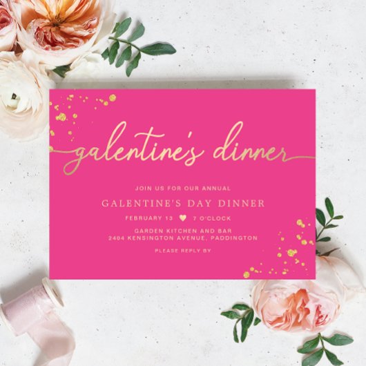 Hot Pink Gold Galentine's Day Dinner Invitation Kaart