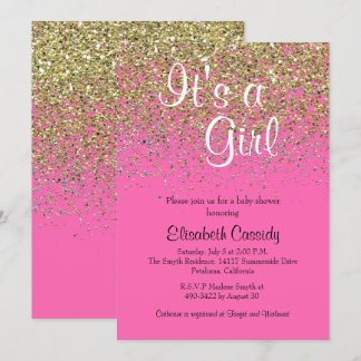 Hot Pink & Gold Glitter Baby shower Uitnodigen Kaart