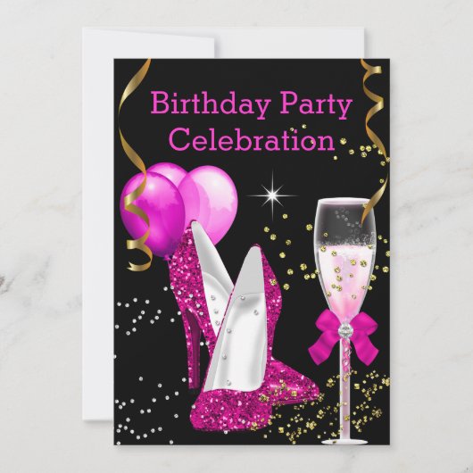 'Hot Pink Gold Glitter Balloons Birthday' Kaart (Voorkant)