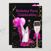 'Hot Pink Gold Glitter Balloons Birthday' Kaart (Voorkant / Achterkant)