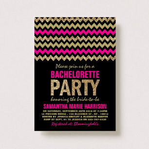 Hot Pink & Gold Glitter Chevron Bachelorette Party Kaart