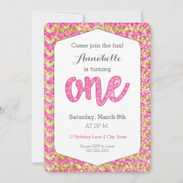 Hot Pink Gold Glitter Chevron First Birthday Kaart
