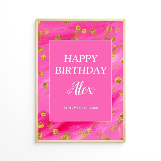 Hot Pink Gold Glitter Happy Birthday Name Datum Poster